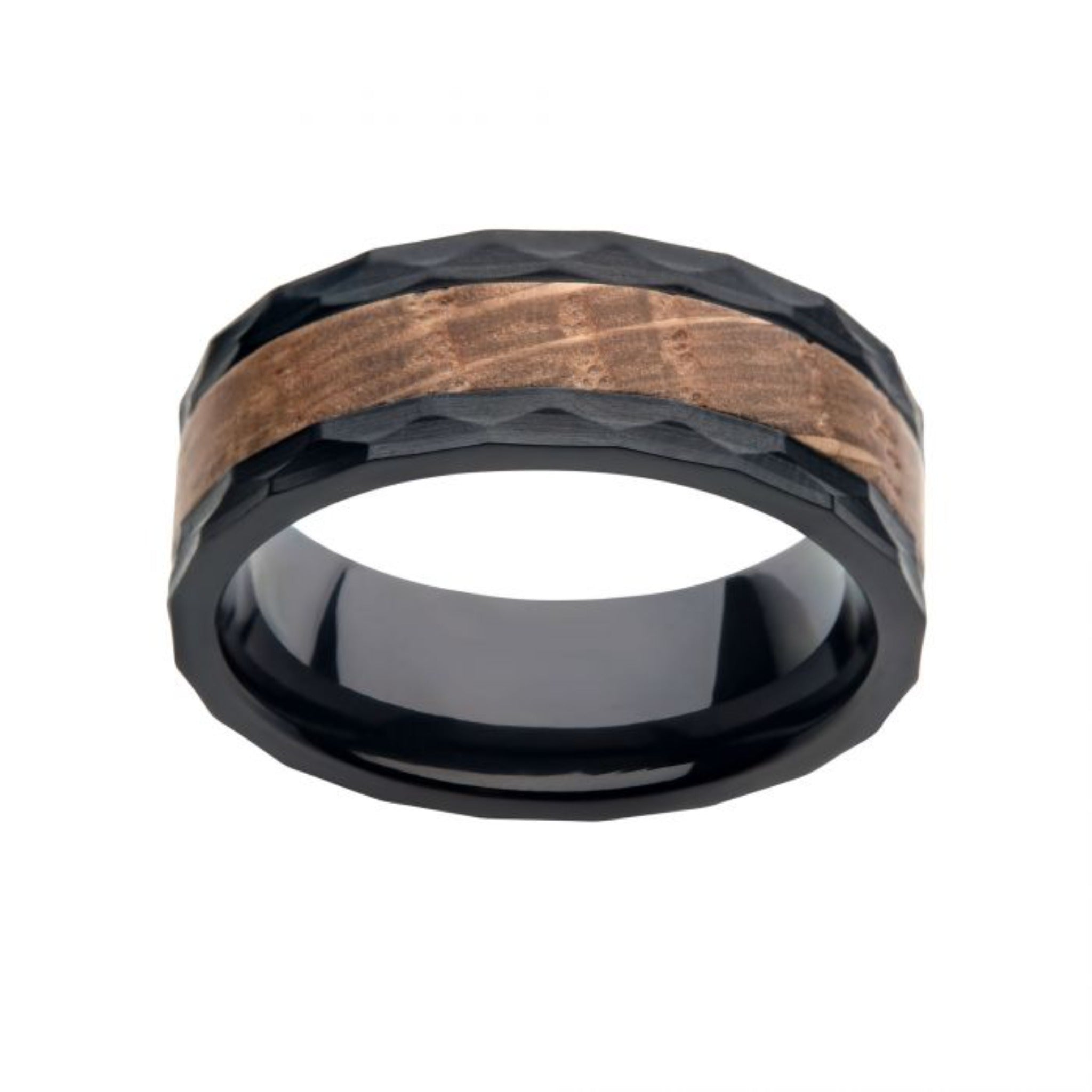 INOX Black Plated Stainless Steel Band With Whiskey Barrel Inlay