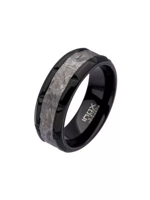 INOX Stanless Steel Meteorite Inlay Black IP Notch Men's Ring
