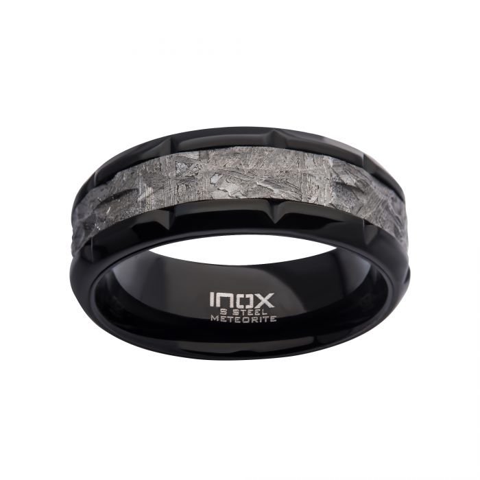 INOX Stanless Steel Meteorite Inlay Black IP Notch Men's Ring
