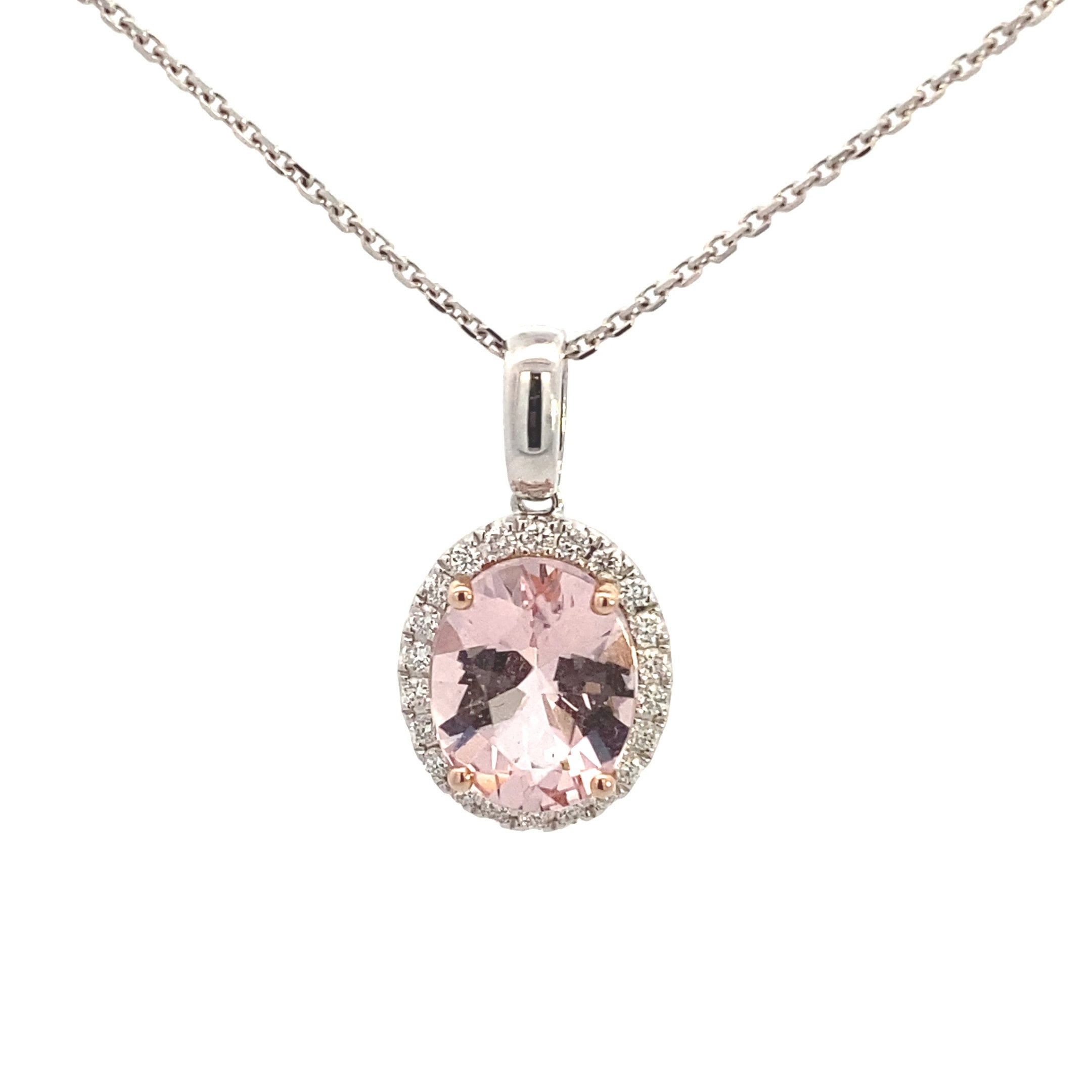 14K White Gold 2.25ct Pink Morganite & .18ct Diamond Halo Necklace
