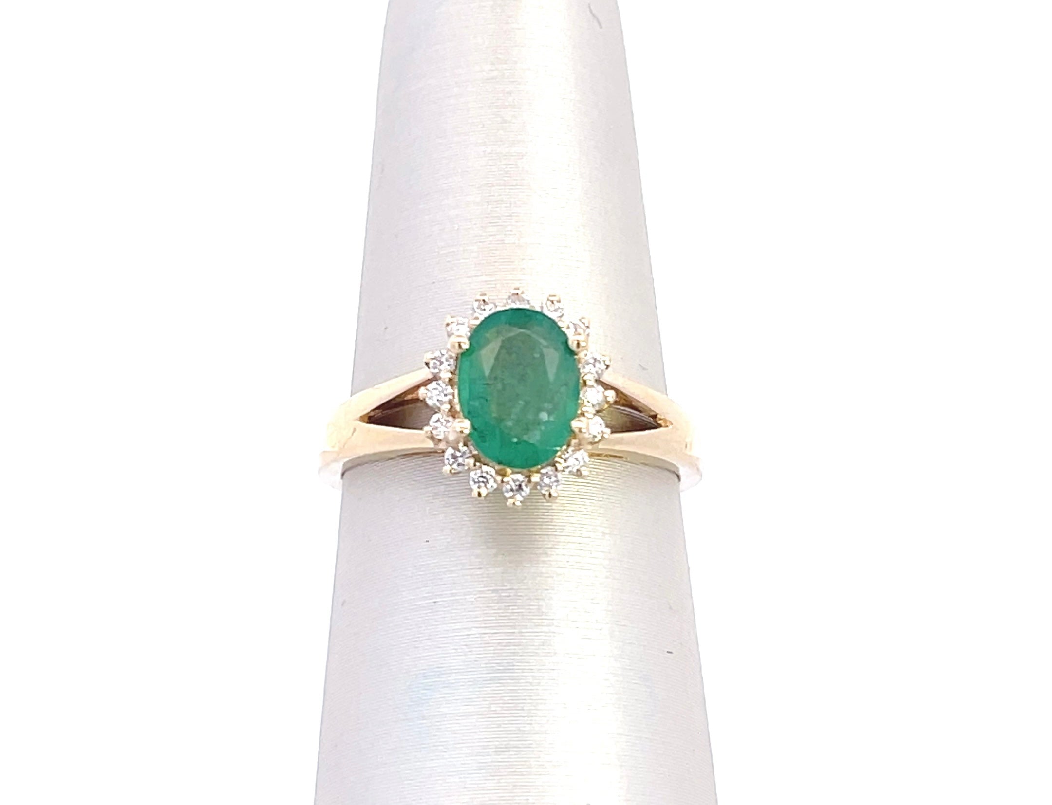 14K Yellow Gold 1CT. Natural Emerald & 1/6CT. Diamond Halo Ring