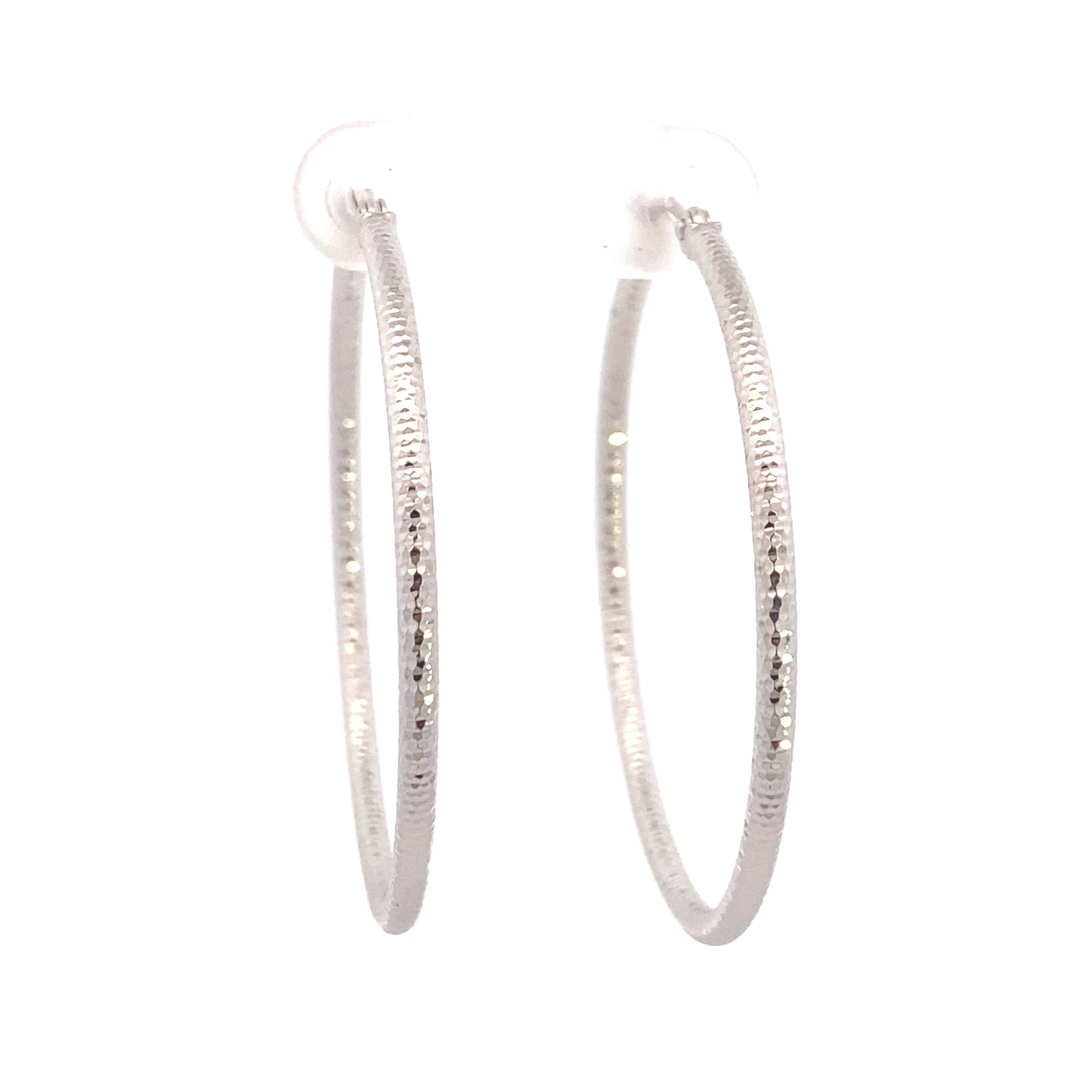 14K White Gold 2X40MM Diamond Cut Hoop Earrings