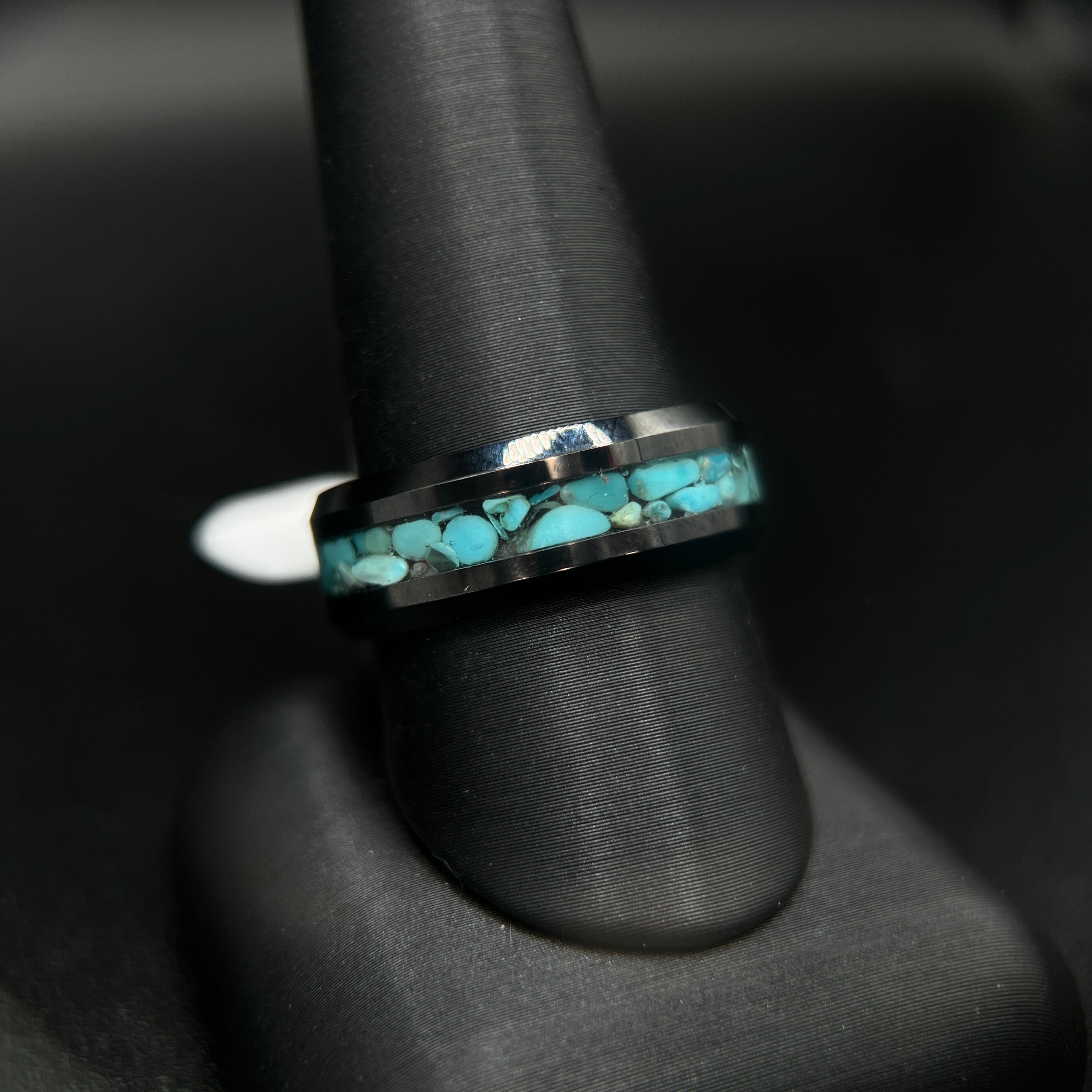 HEAVY STONE Men's 8MM Black Ceramic Band with Blue Turquoise Inlay