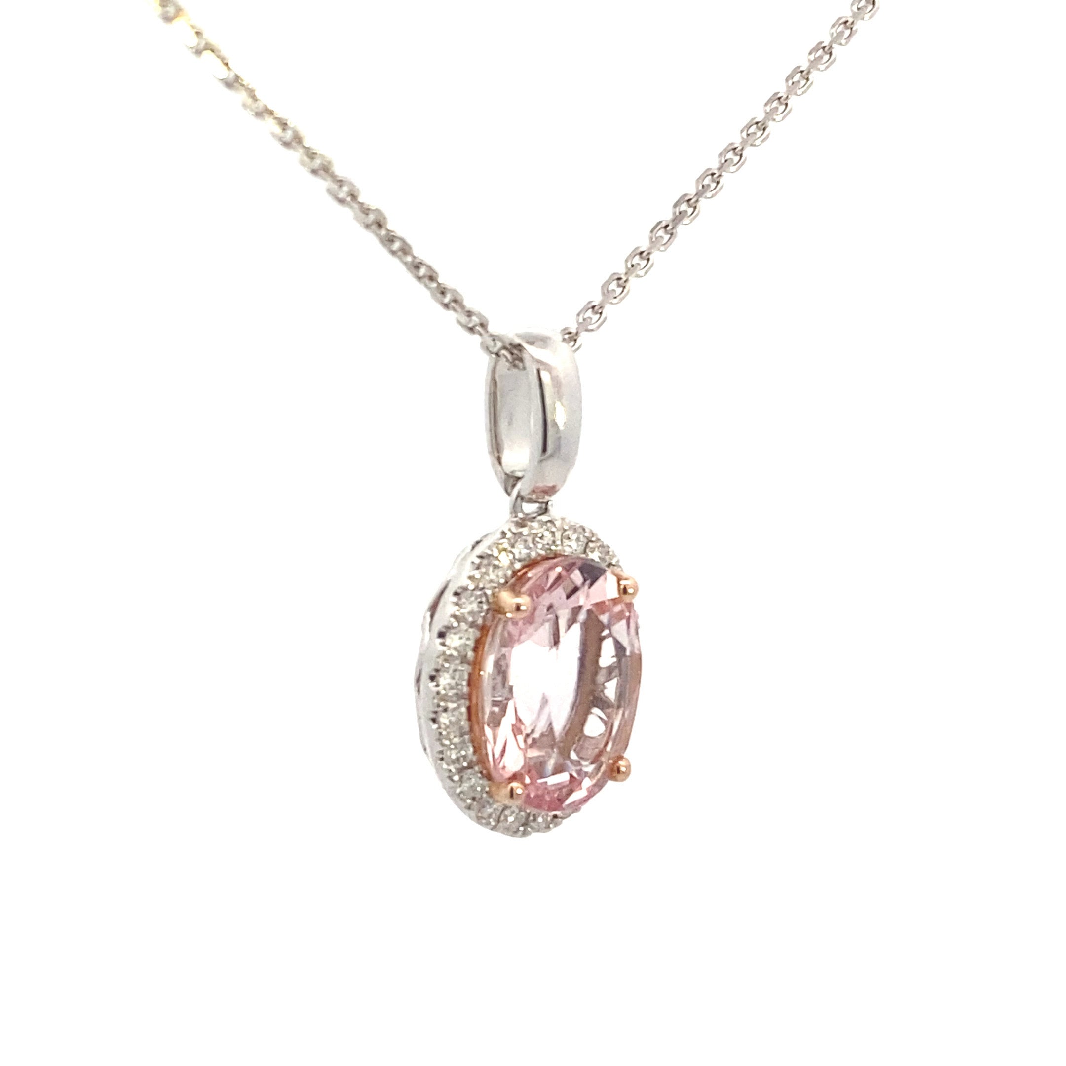 14K White Gold 2.25ct Pink Morganite & .18ct Diamond Halo Necklace