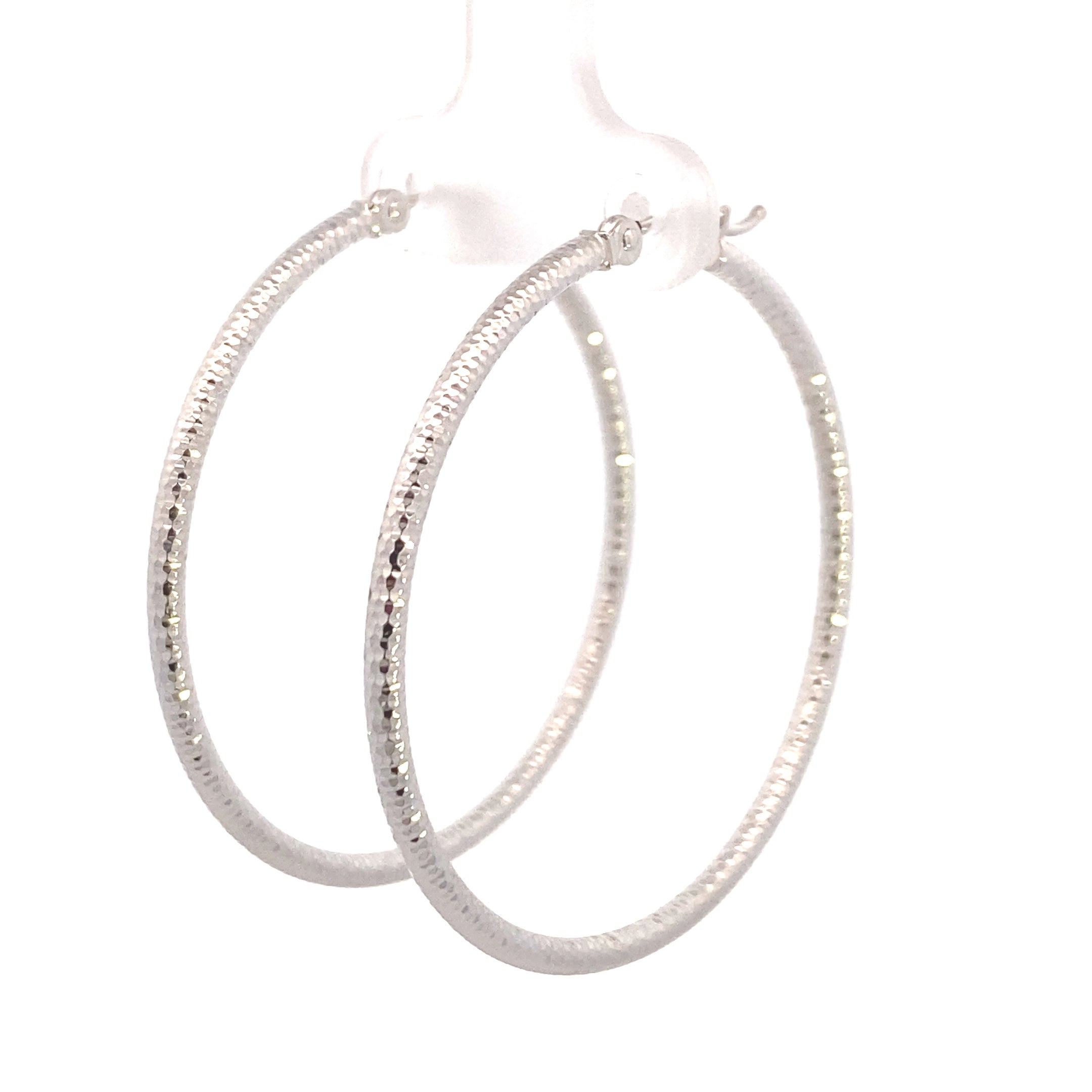 14K White Gold 2X40MM Diamond Cut Hoop Earrings