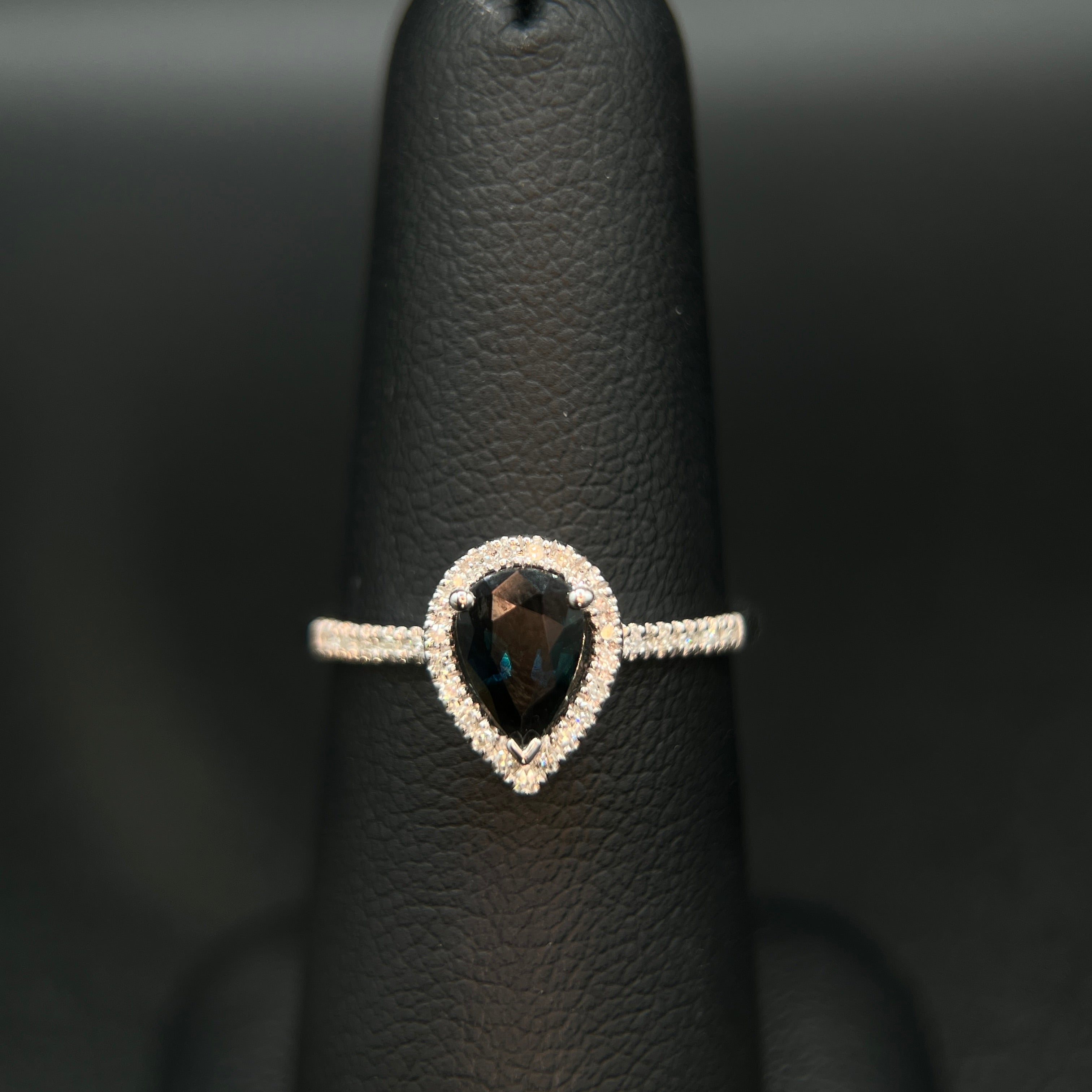 14K White Gold Pear-Cut Sapphire & 1/6CTW. Diamond Halo Ring