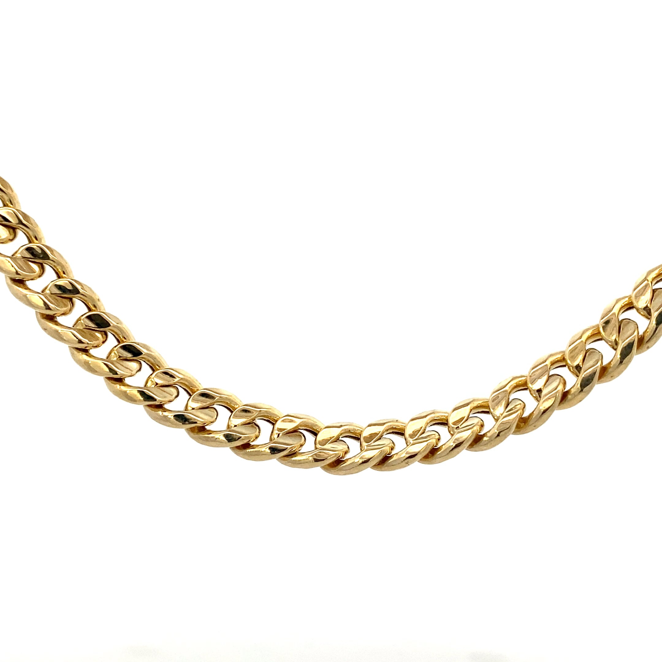 Closer view of 10K Yellow Gold Semi-Solid 22" 8MM Miami Cuban Link Chain on white background.