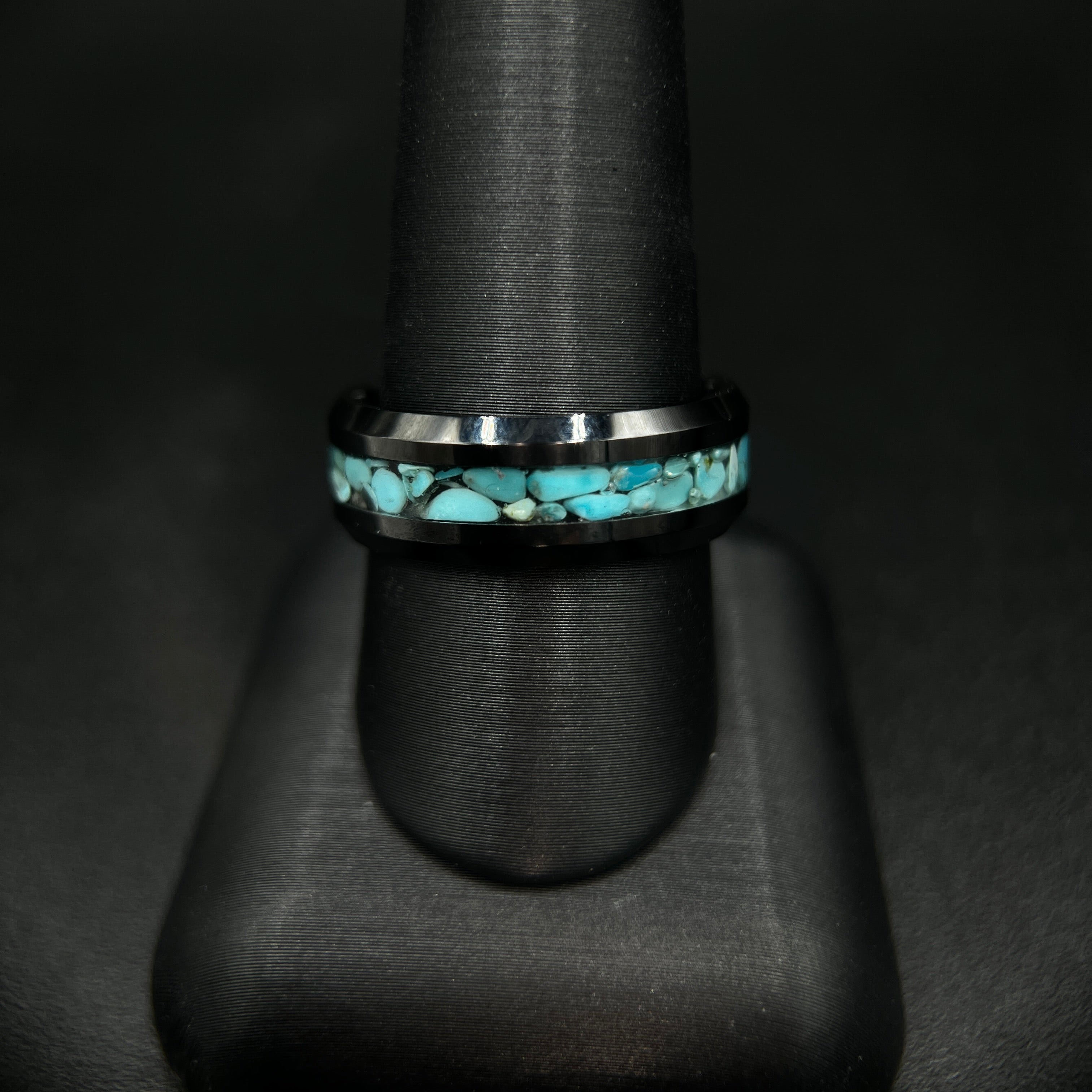 HEAVY STONE Men's 8MM Black Ceramic Band with Blue Turquoise Inlay