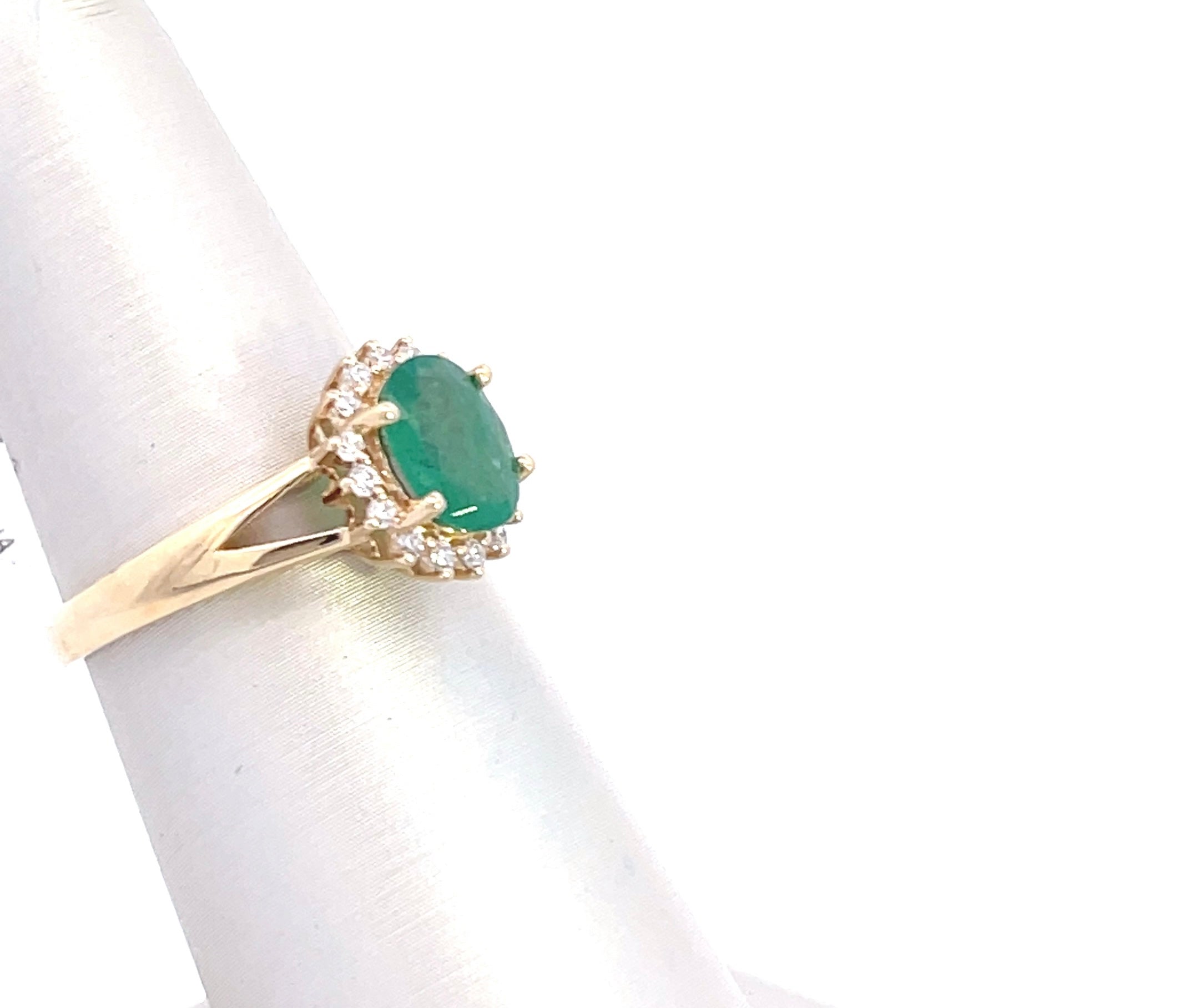 14K Yellow Gold 1CT. Natural Emerald & 1/6CT. Diamond Halo Ring
