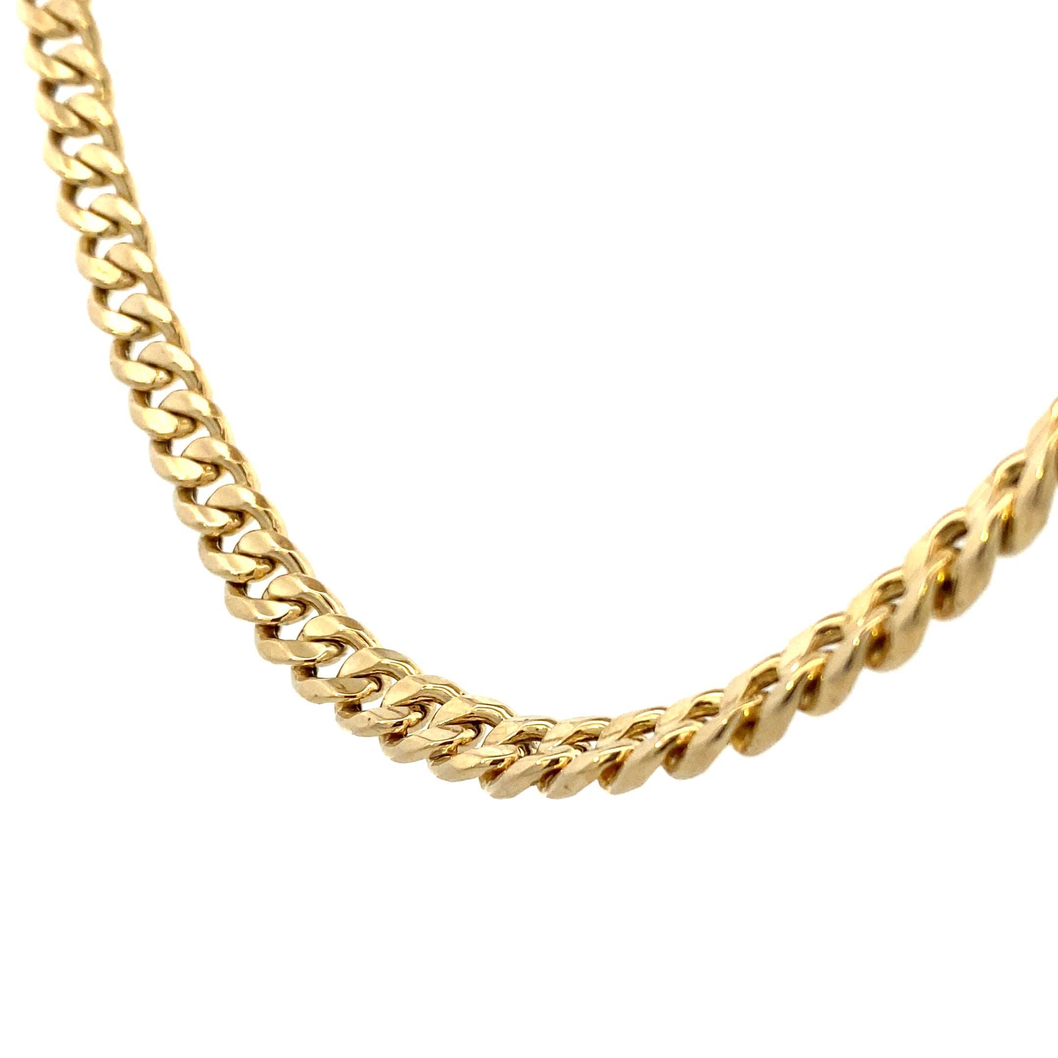 Angled to the left view of 10K Yellow Gold Semi-Solid 22" 8MM Miami Cuban Link Chain on white background.