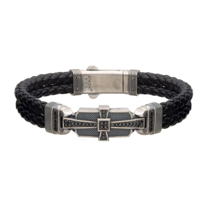 INOX Double-Braided Black Leather Bracelet with Sterling Silver Cross Clasp