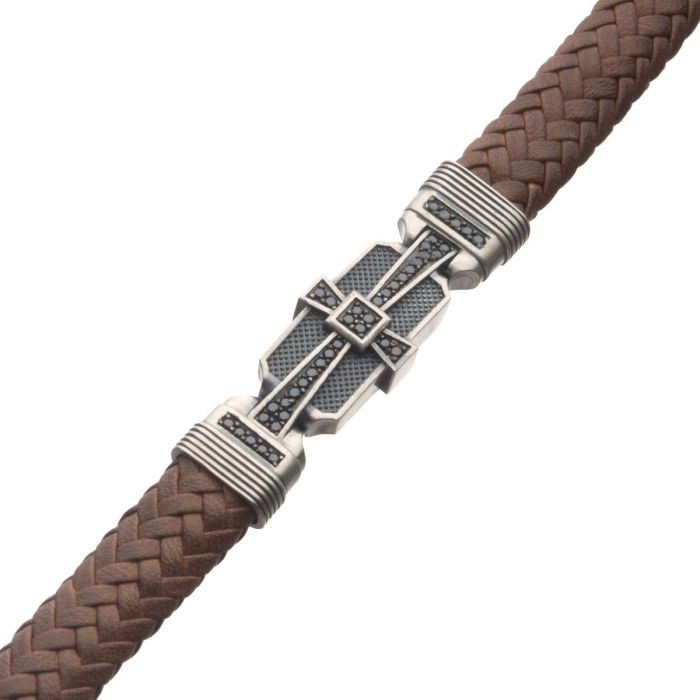 INOX Braided Brown Leather Bracelet with Sterling Silver Cross Clasp