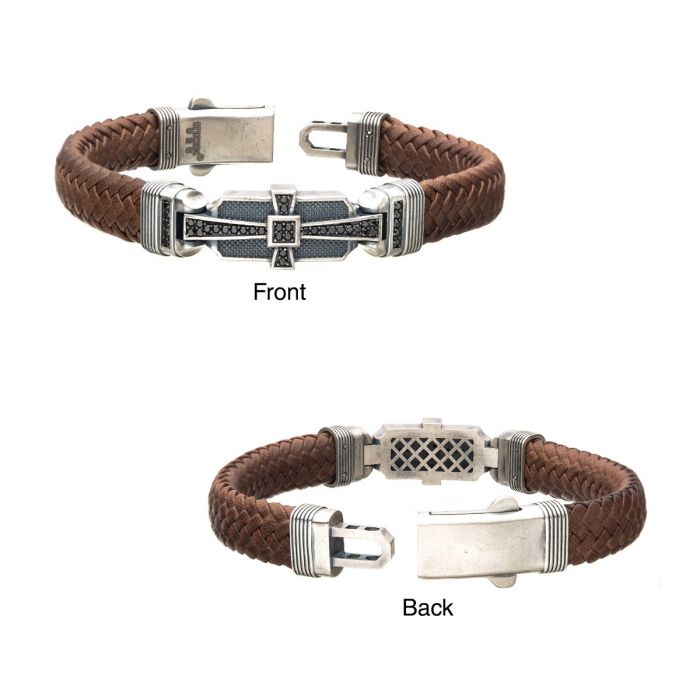INOX Braided Brown Leather Bracelet with Sterling Silver Cross Clasp