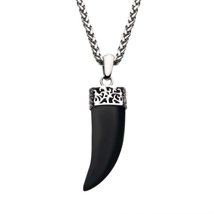 INOX Stainless Steel & Black Agate Stone Horn Pendant