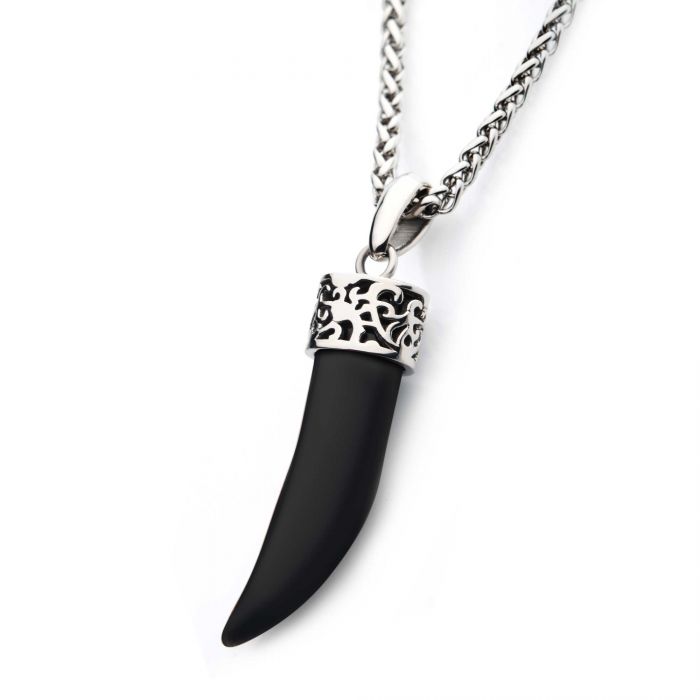 INOX Stainless Steel & Black Agate Stone Horn Pendant