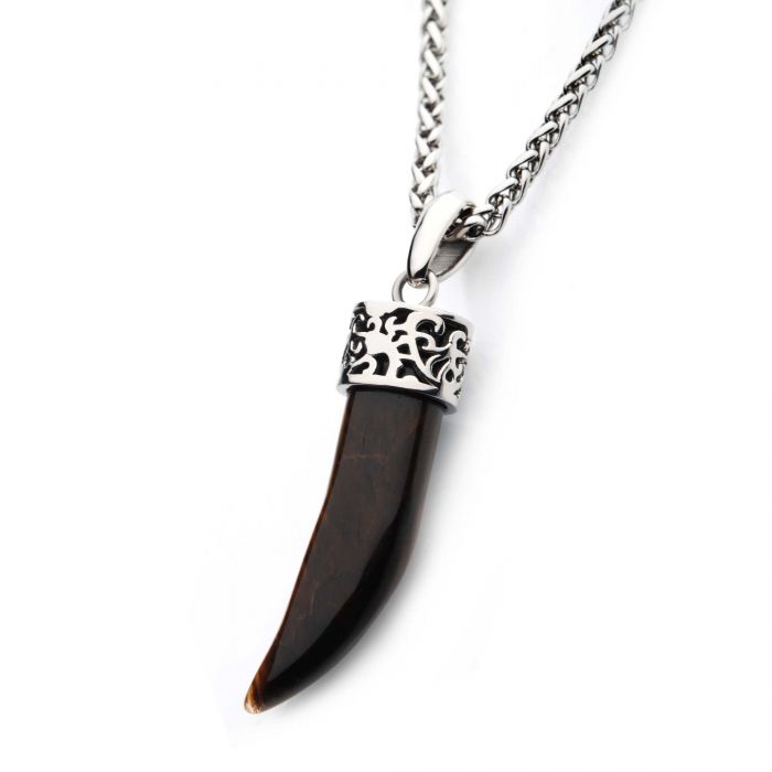 INOX Stainless Steel & Tiger's Eye Stone Horn Pendant