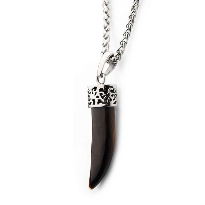 INOX Stainless Steel & Tiger's Eye Stone Horn Pendant