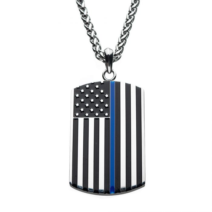 INOX American Flag Police Enamel Pendant with 24" Chain