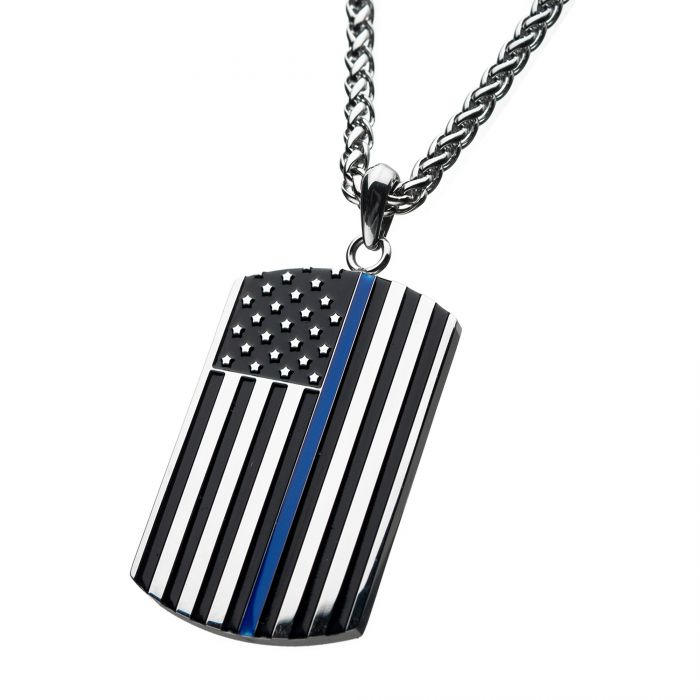 INOX American Flag Police Enamel Pendant with 24" Chain
