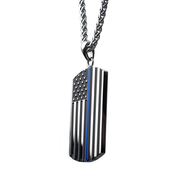 INOX American Flag Police Enamel Pendant with 24" Chain