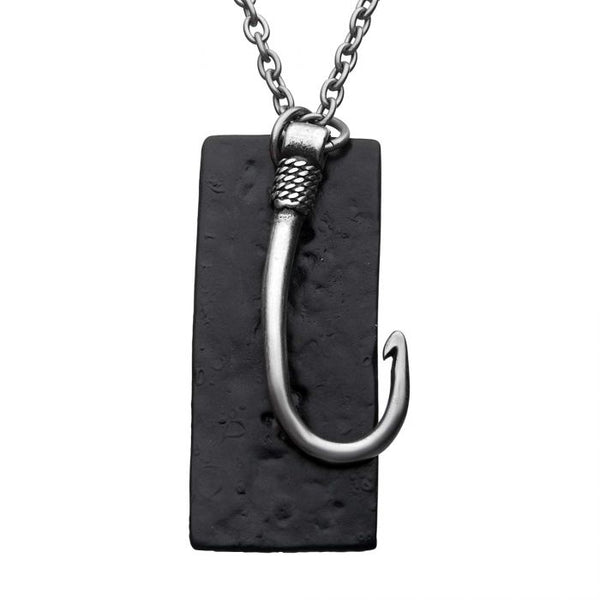 INOX Stainless Steel Antiqued Finish Fish Hook and Black IP Tag Pendant with 24" Chain