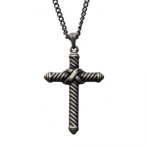 INOX Stainless Steel Antiqued Finish Cross Pendant 24" chain