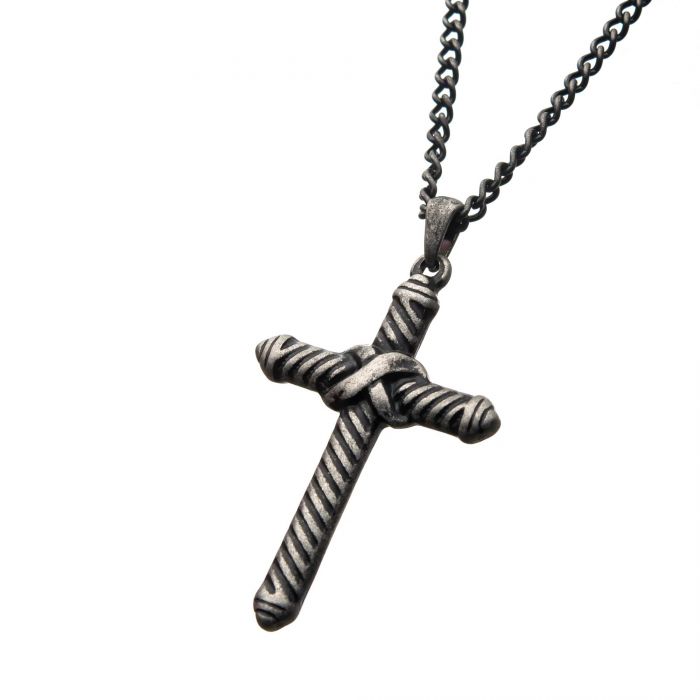 INOX Stainless Steel Antiqued Finish Cross Pendant 24" chain
