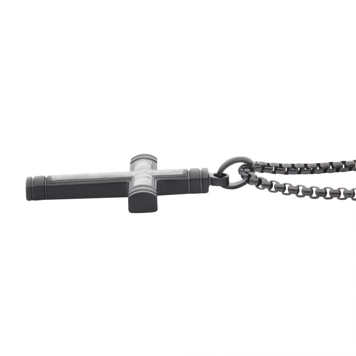 INOX Stainless Steel Meteorite Inlay Cross Pendant with Black IP Box Chain