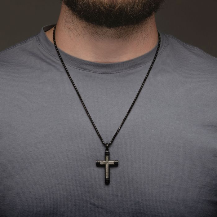 INOX Stainless Steel Meteorite Inlay Cross Pendant with Black IP Box Chain