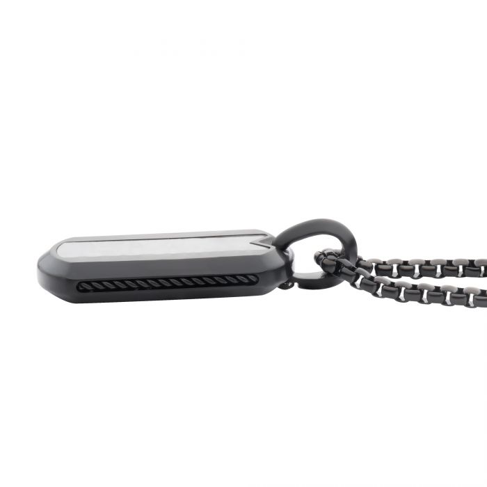 INOX Stainless Steel Meteorite Inlay Dog Tag Pendant with Black IP Box Chain