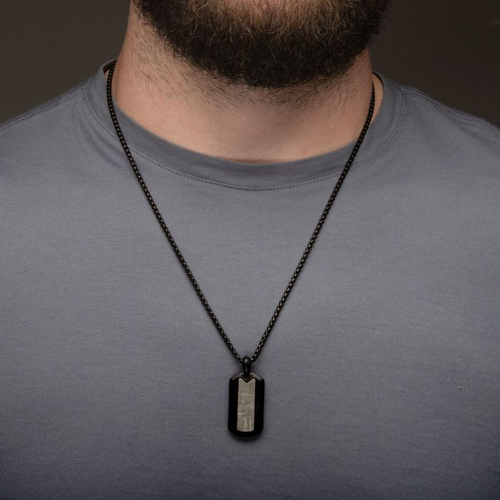INOX Stainless Steel Meteorite Inlay Dog Tag Pendant with Black IP Box Chain