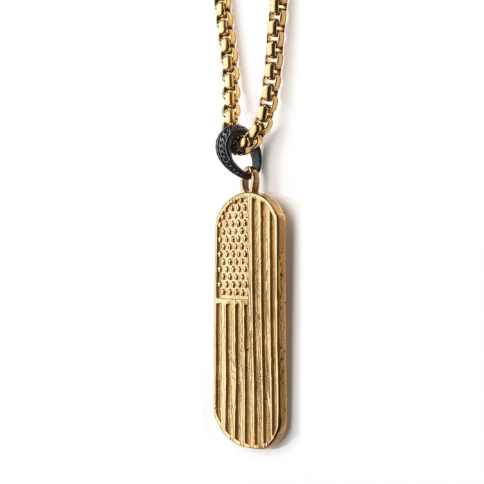 INOX Stainless Steel Rugged American Flag Pendant with Box Chain