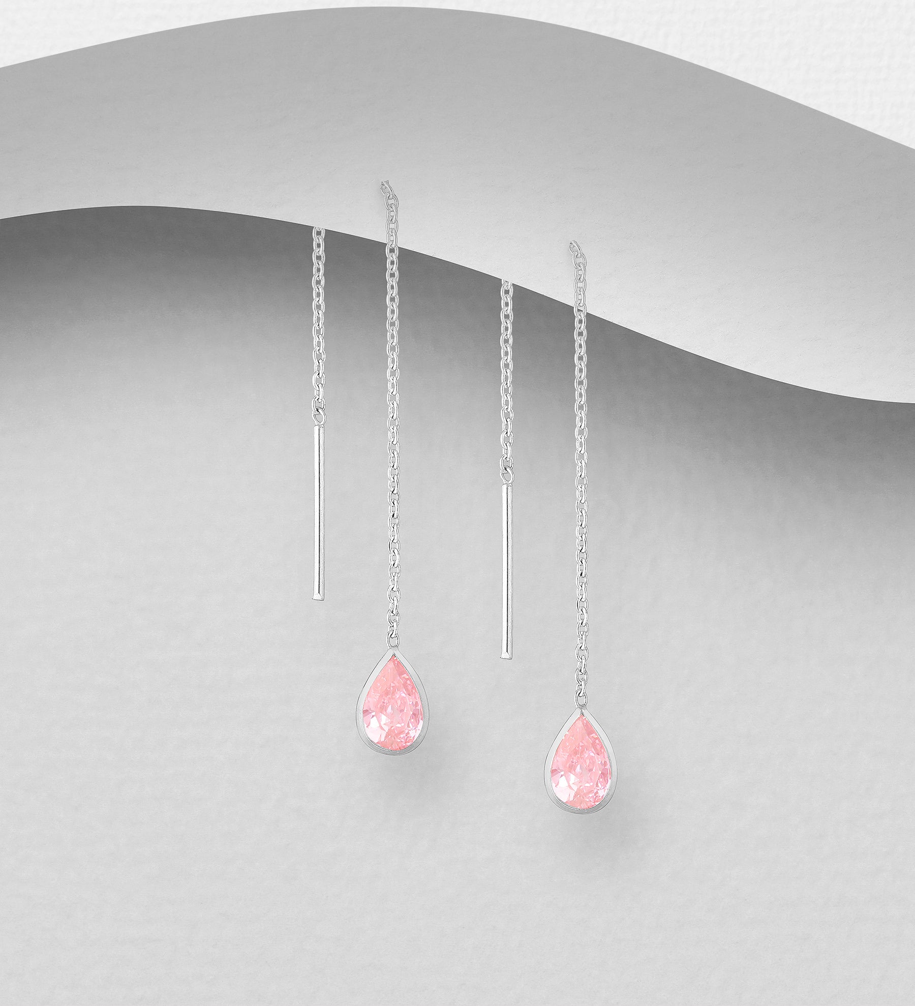 925 Sterling Silver Threader Earrings Decorated with Pink CZ Diamonds