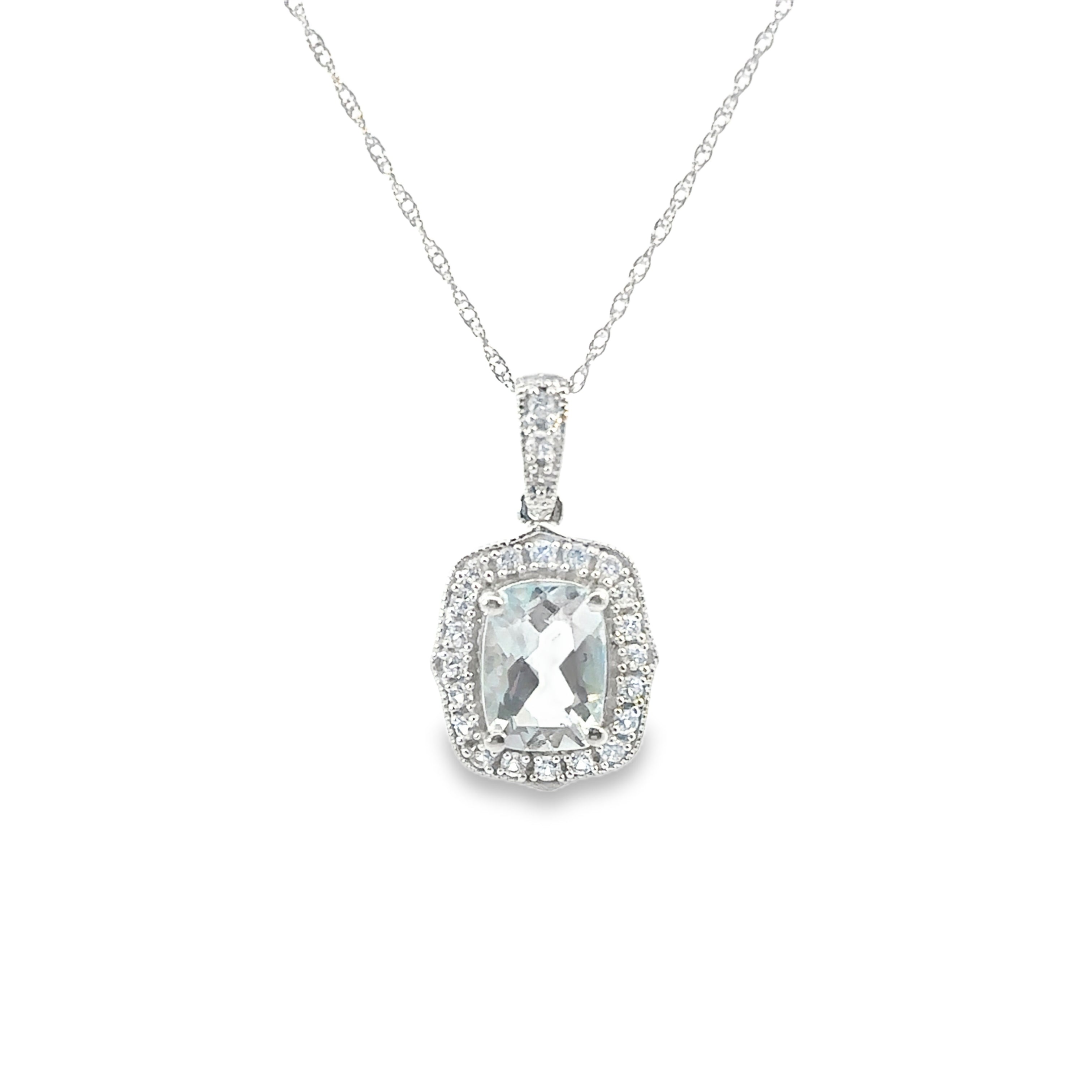 10K White Gold 1CT. Elongated Cushion-Cut Aquamarine & Created White Sapphire Accented  Vintage-Inspired Pendant Necklace