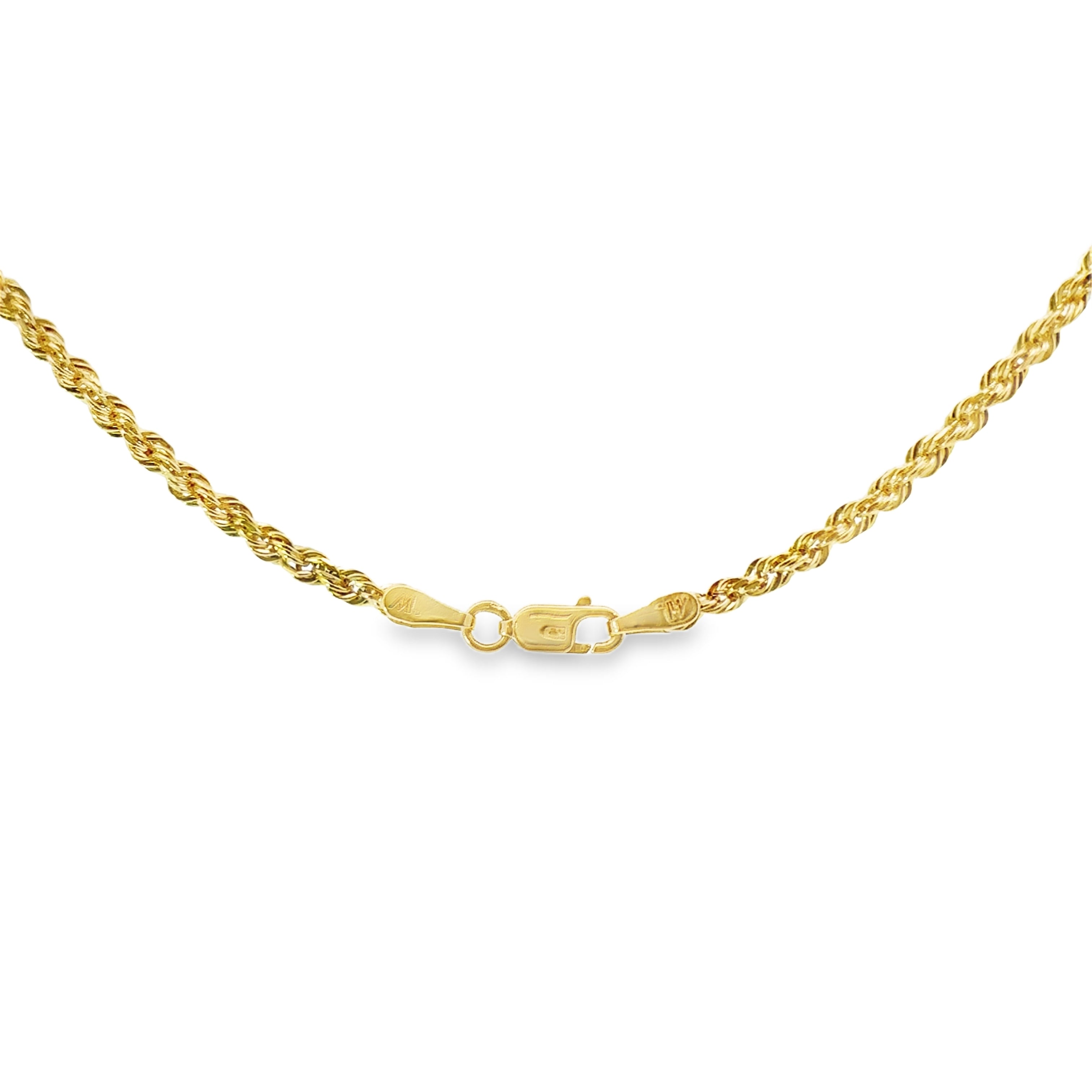 10K Yellow Gold 20" 2.8MM Diamond Cut Rope Chain clasp in front of white background.