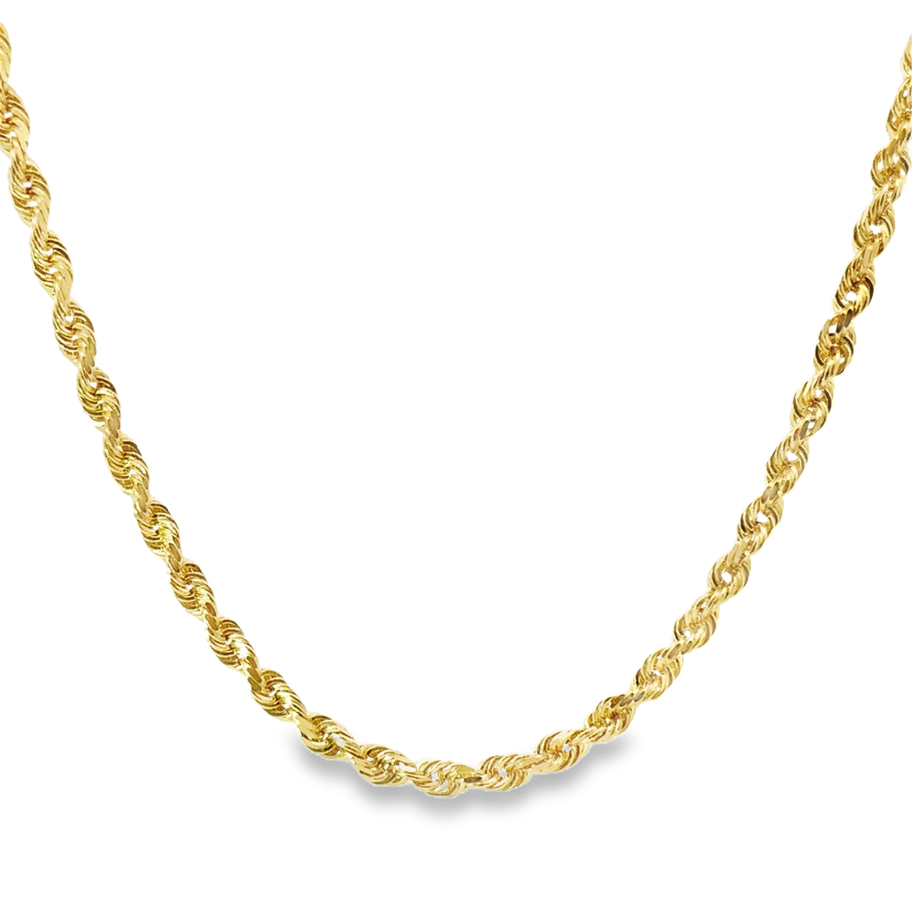10K Yellow Gold 5.7mm Diamond Cut 22" Rope Chain hanging in front of a white background.