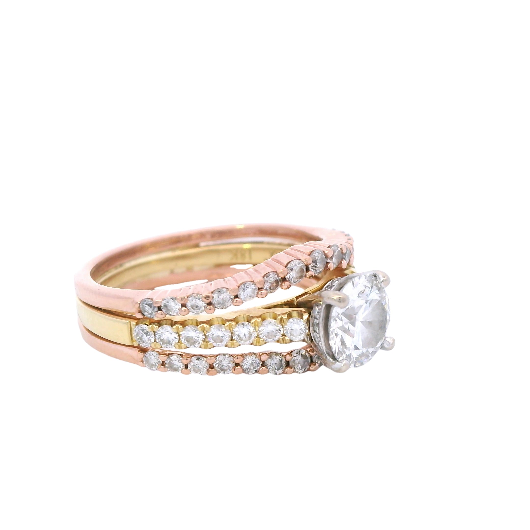 Estate Collection: 18K Yellow Gold/ Rose Gold Round-Cut Diamond Engagement Ring With Bands