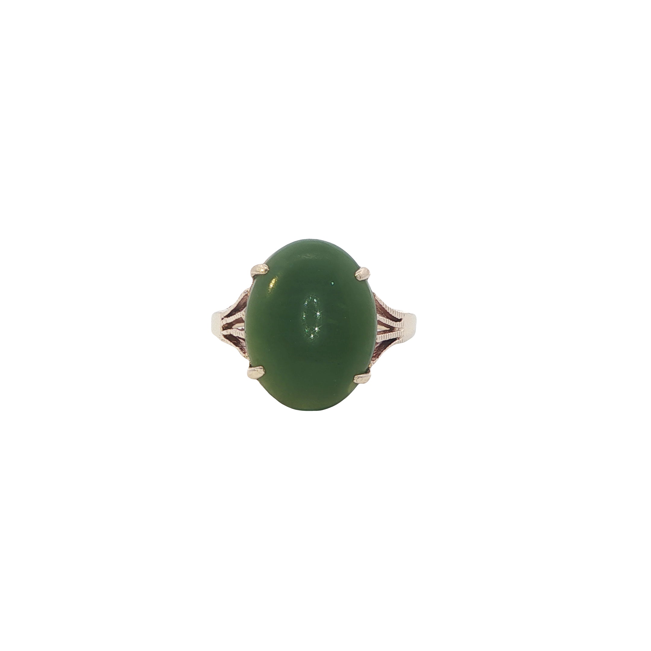 Estate Collection: 14K Yellow Gold Oval Green Jade Cabochon Vintage Statement Ring
