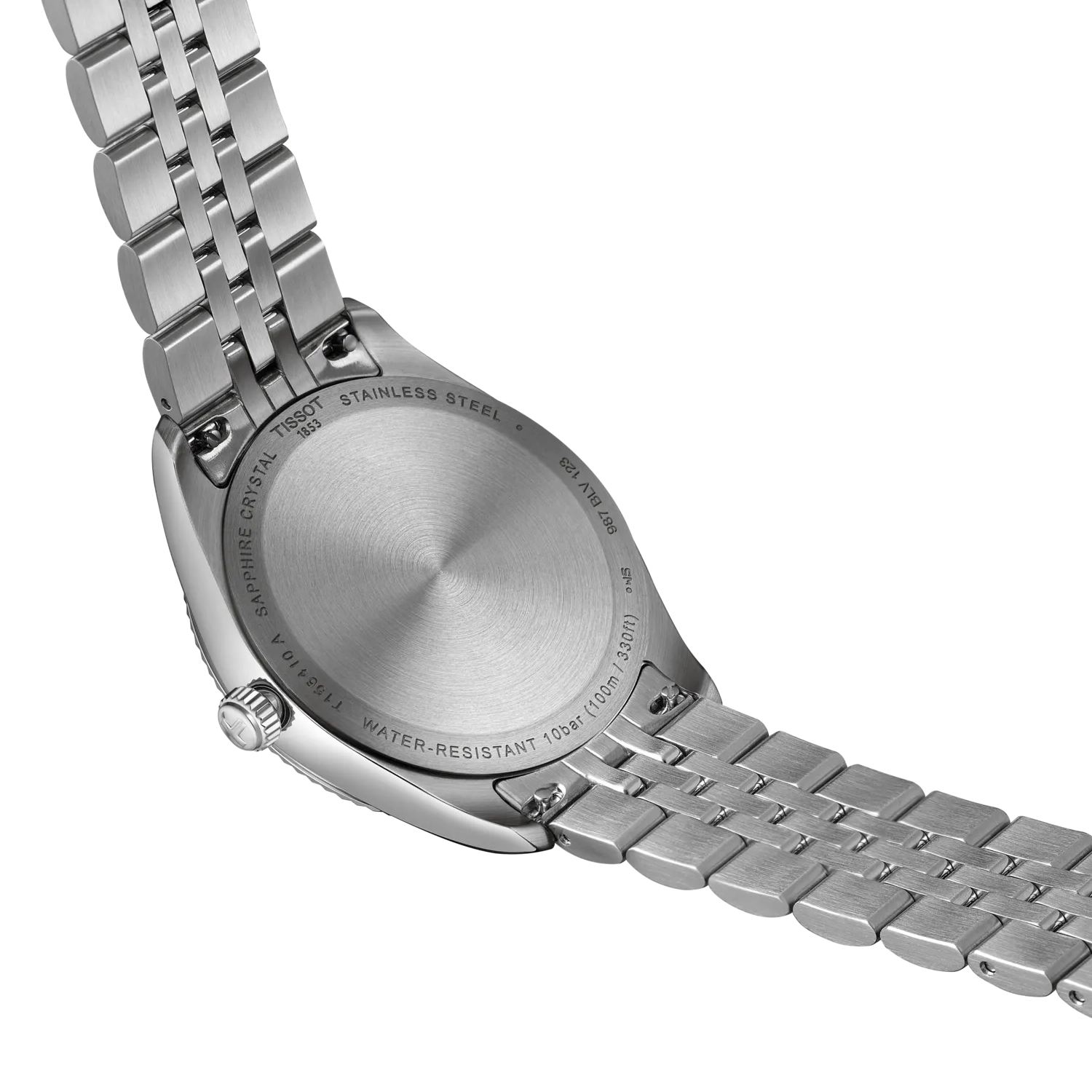 Close-up of a silver watch with a metal bracelet on a white background