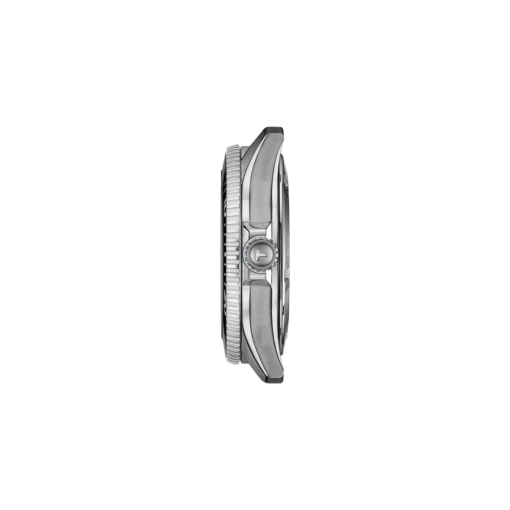 Side view of a silver watch on a white background