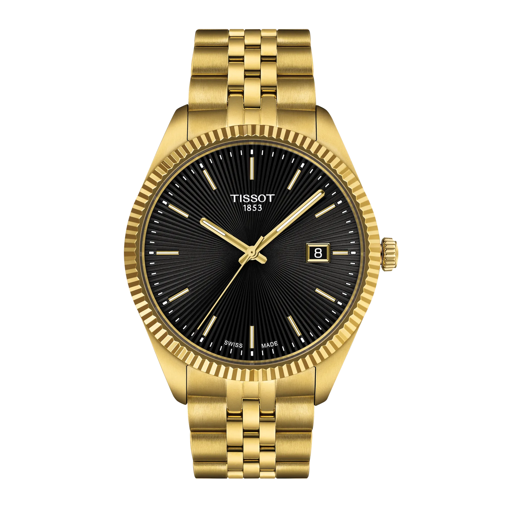 Gold Tissot watch with black dial on a white background