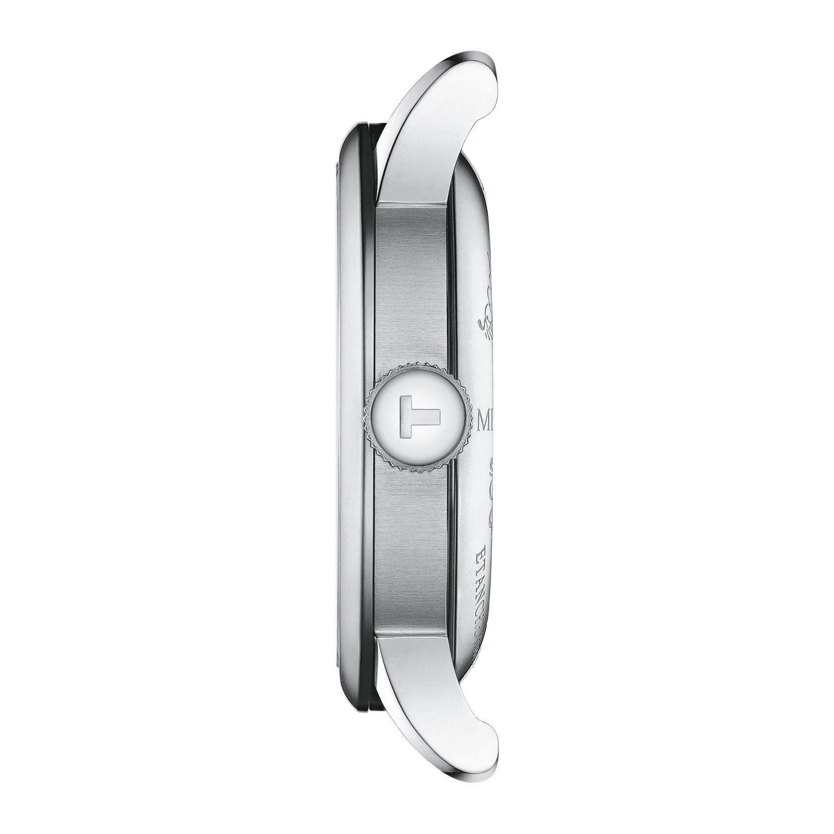 Silver watch with a detailed case on a white background