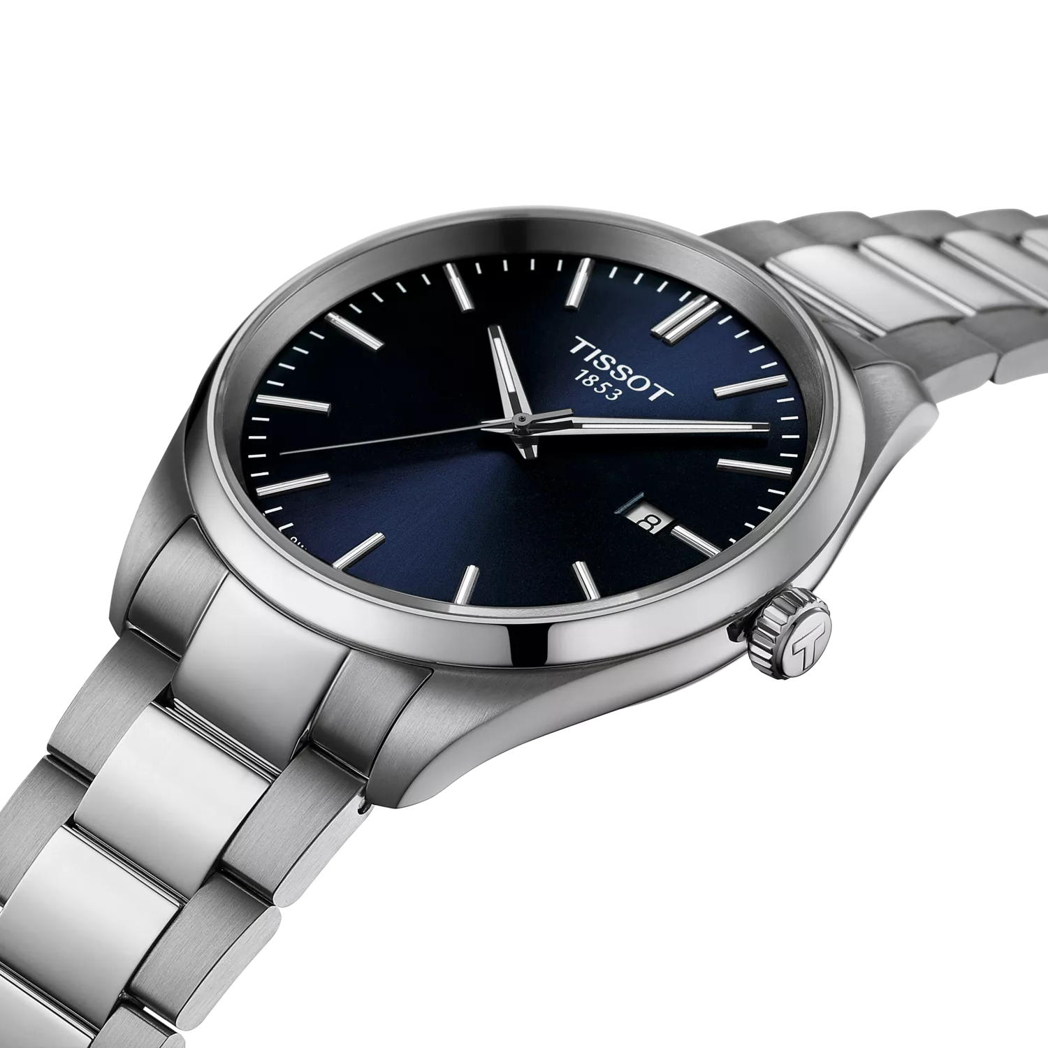 Tissot watch with silver bracelet and blue dial on a white background