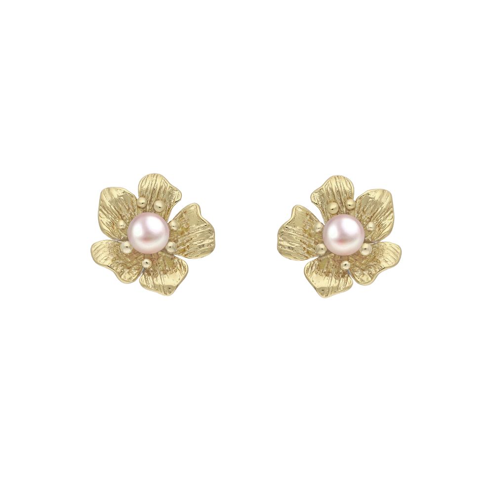 Picture of flower stud earrings with a small pink pearl in the center of each.