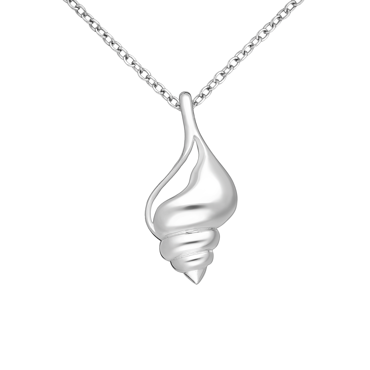 Silver spiral pendant necklace on a white background