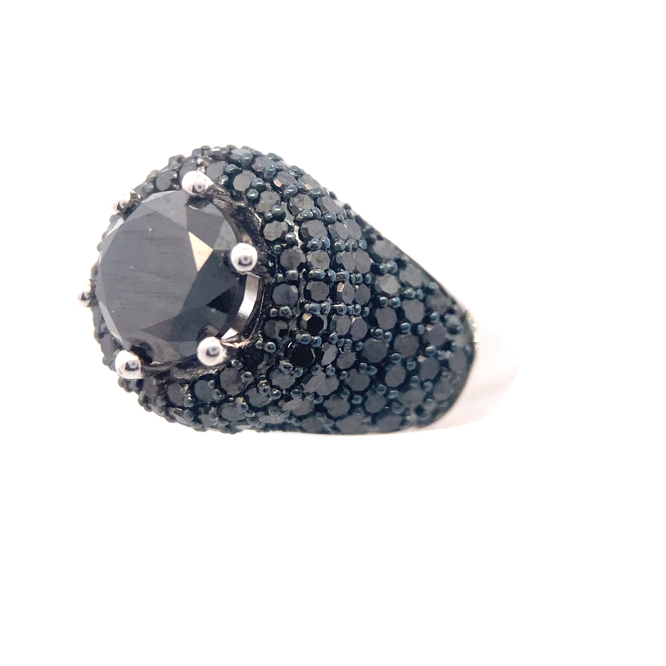 Sterling Silver 5-1/5CT. Black Diamond 6-Prong Pavé Cocktail Ring