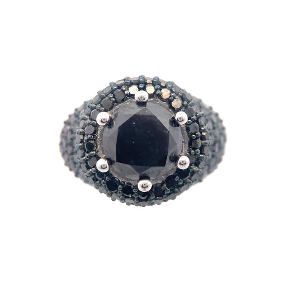 Sterling Silver 5-1/5CT. Black Diamond 6-Prong Pavé Cocktail Ring