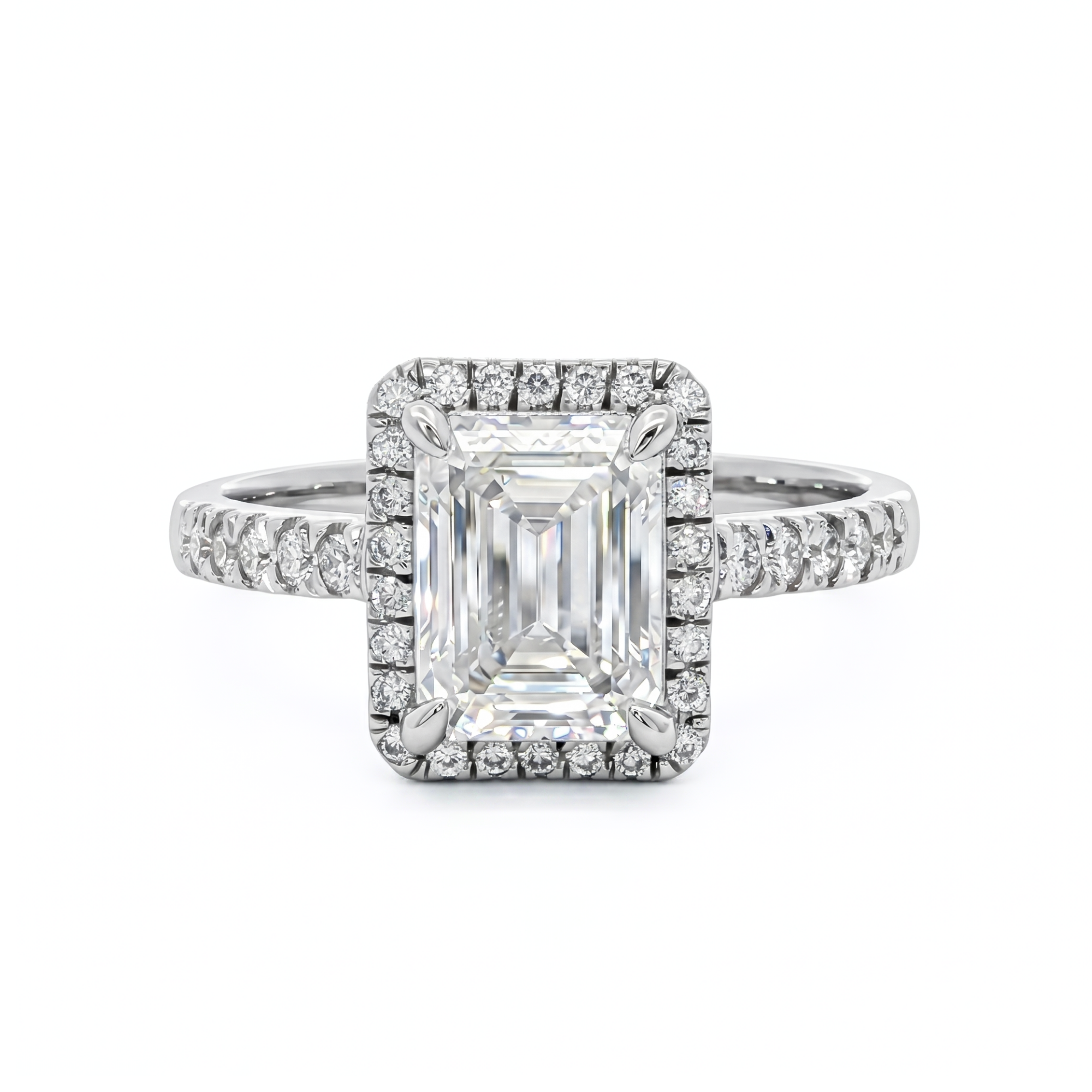 Sterling Silver Emerald-Cut Moissanite Halo Accented Engagement Ring
