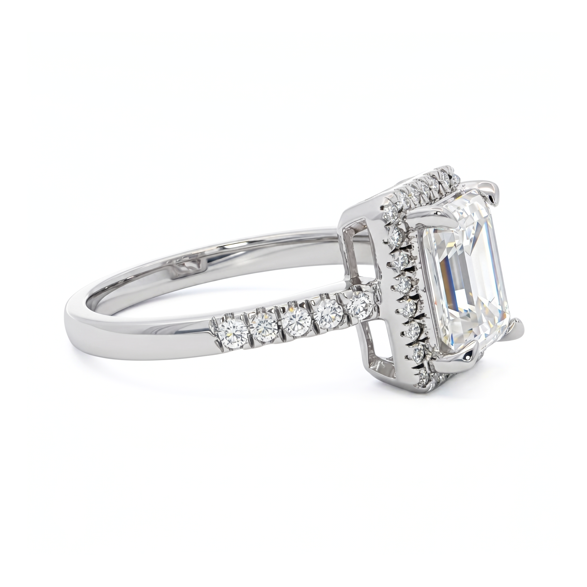 Sterling Silver Emerald-Cut Moissanite Halo Accented Engagement Ring