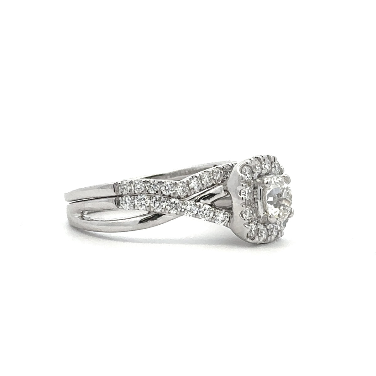10K White Gold 1.10CTW. Diamond Twisted Shank Halo Engagement Ring and Contoured Wedding Band Set